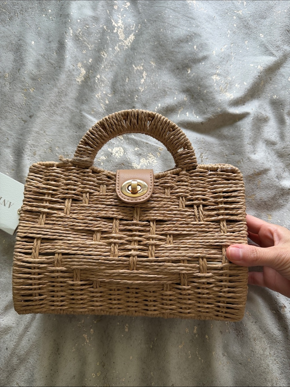 Woven Mini Top-Handle Bag in Tan - Picture 4 of 6
